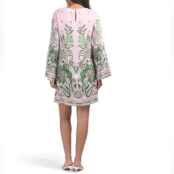 NWT CELINA MOON Bell Sleeve Floral Pink and Green Dress Size LARGE