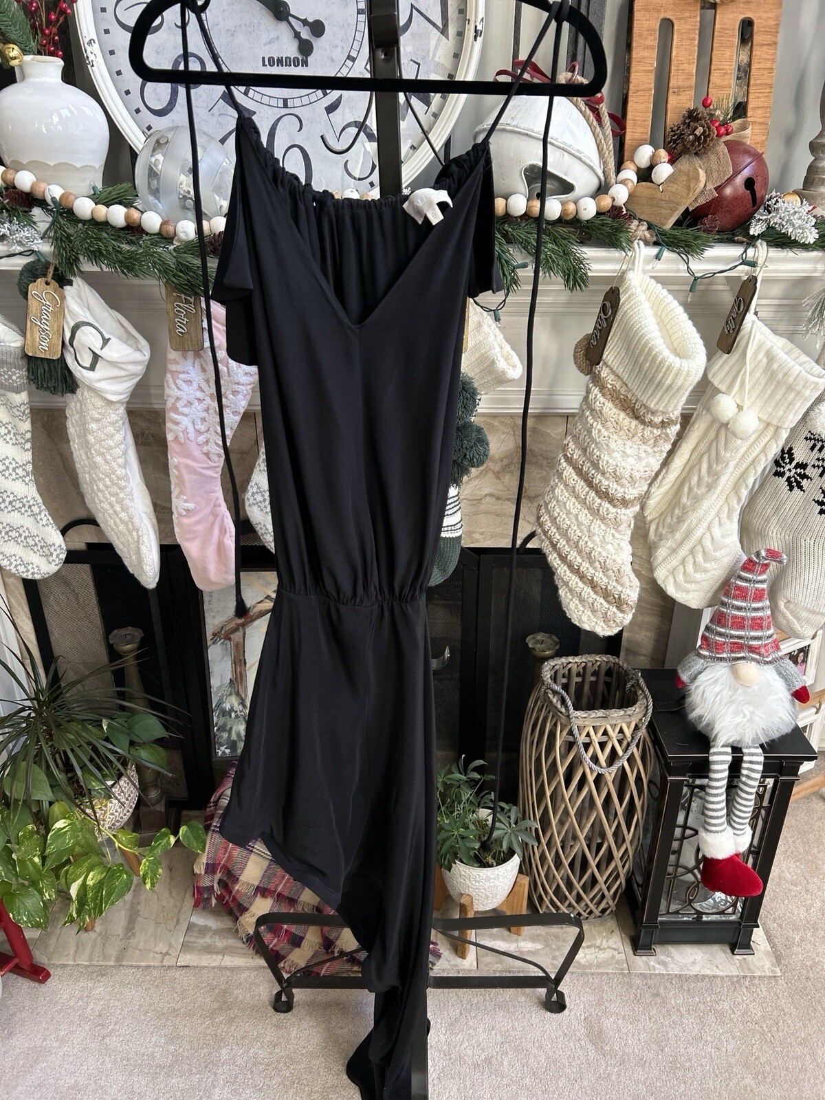 ALEXIS V neck silk dress with asymmetric hem halter tie neck – Black – S