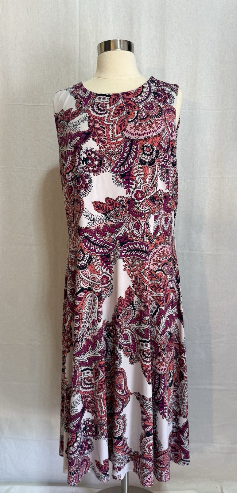 Charter Club Purple Pink White Paisley Midi A-Line Dress L Sleeveless Knit