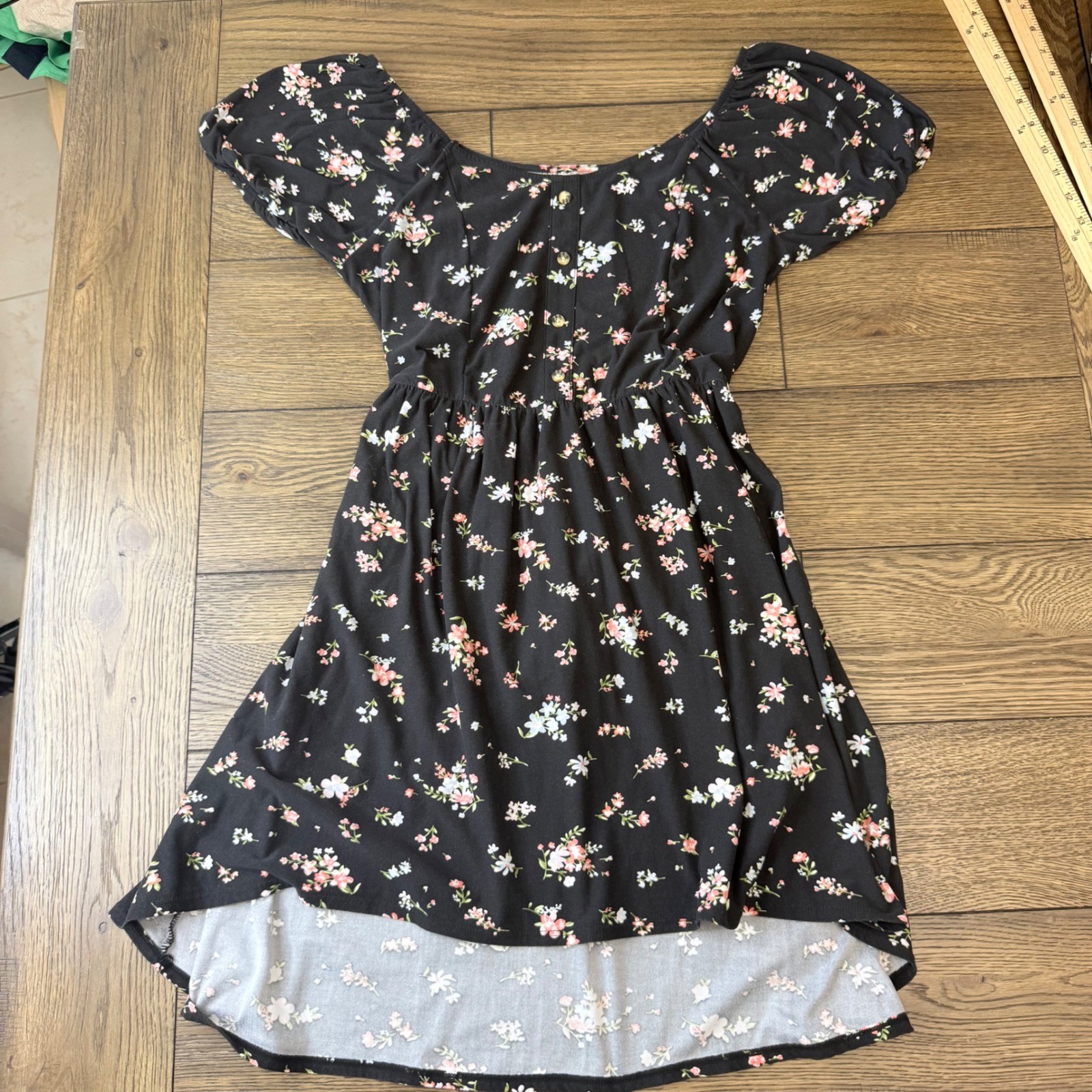 Black Floral Puff Sleeve Button Front High Low Tie Waist Dress Womens Large