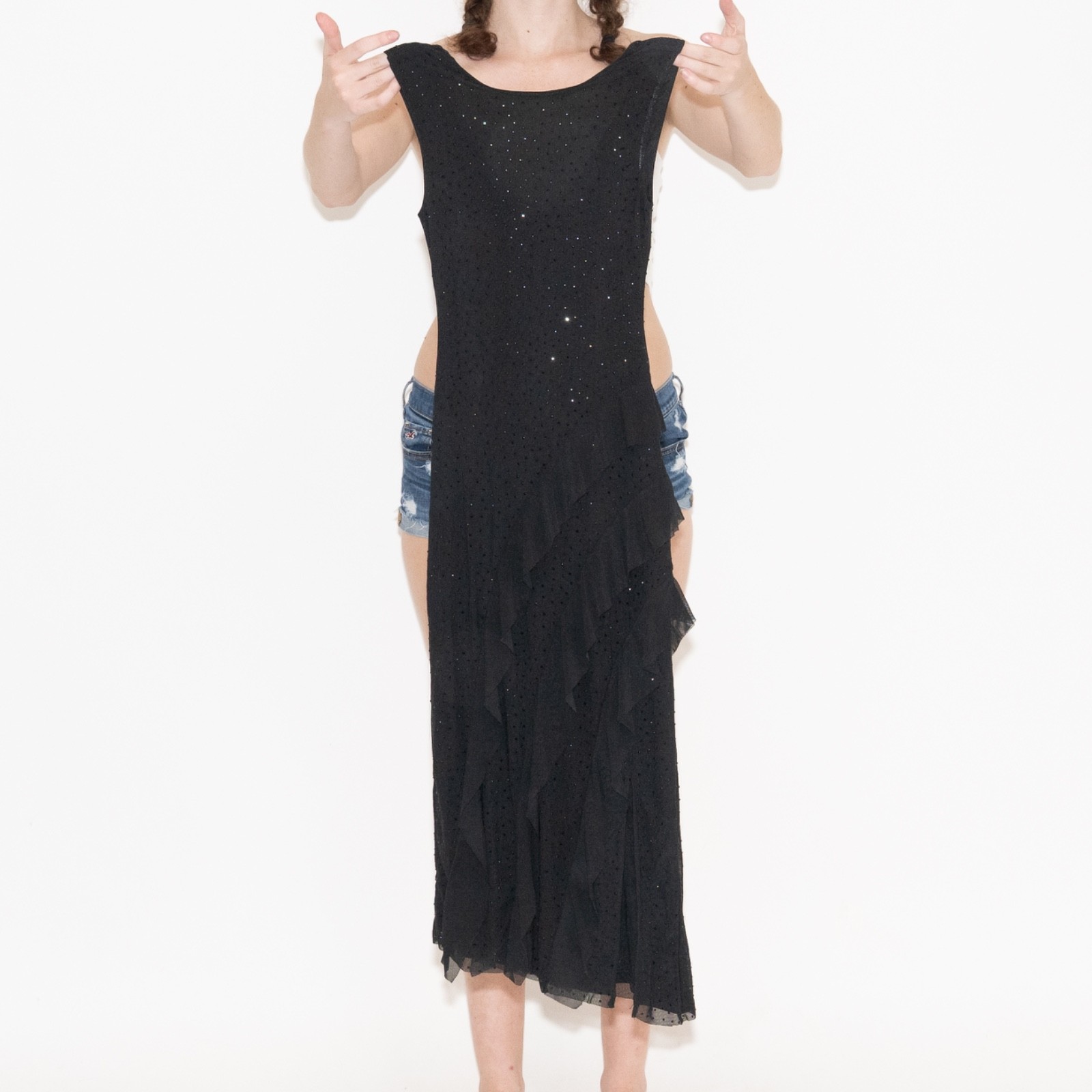 formal Black rhinestone midi dress size XXS tinsel asymmetrical ruffles