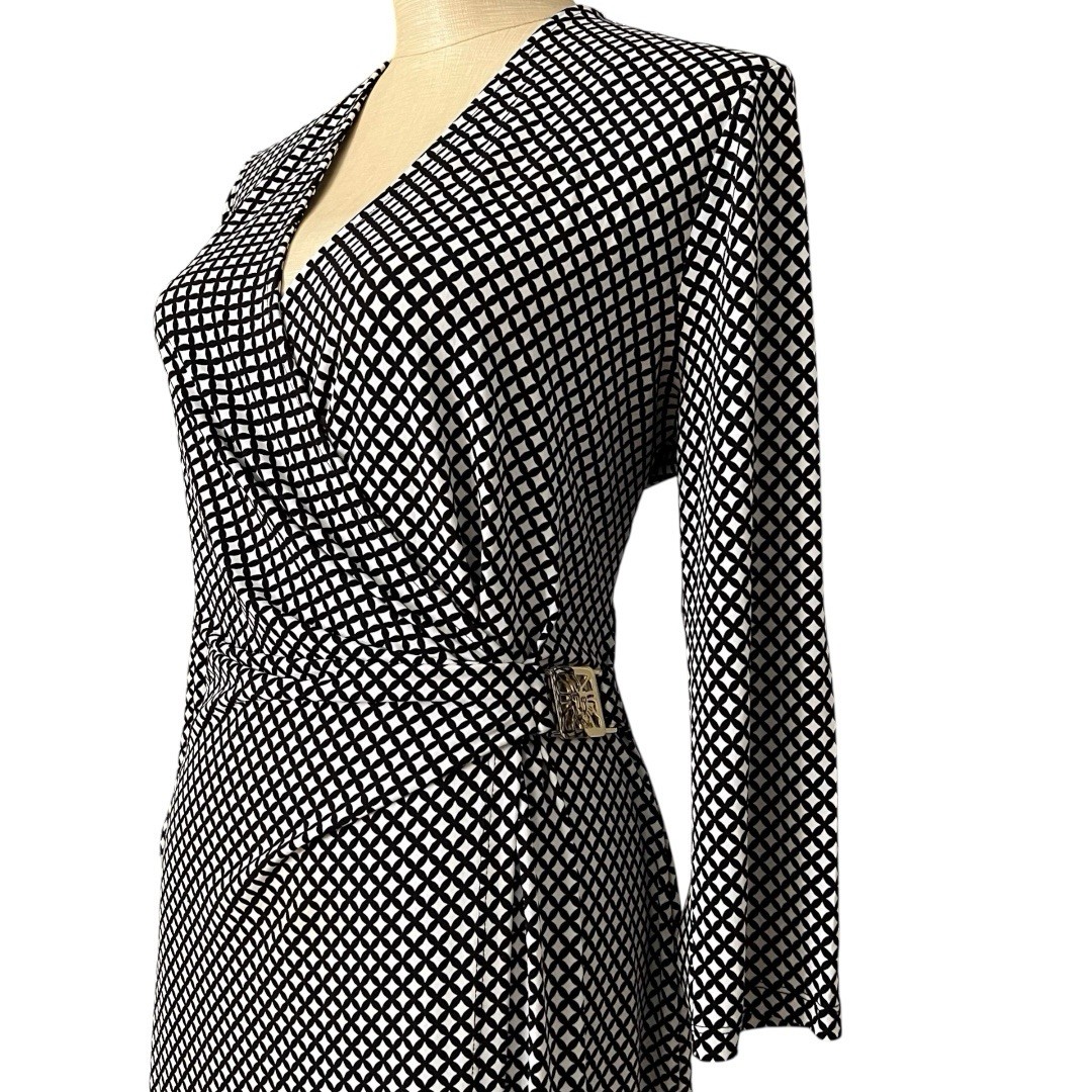 Anne Klein Faux Wrap Dress Black White Elegant Classic Women’s Large Vintage
