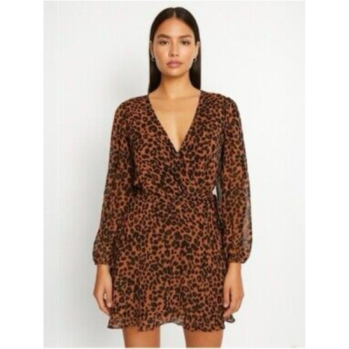 Gianni Bini Brown Leopard Print Wrap Long Elasticated Cuff Sleeve Mini Dress L