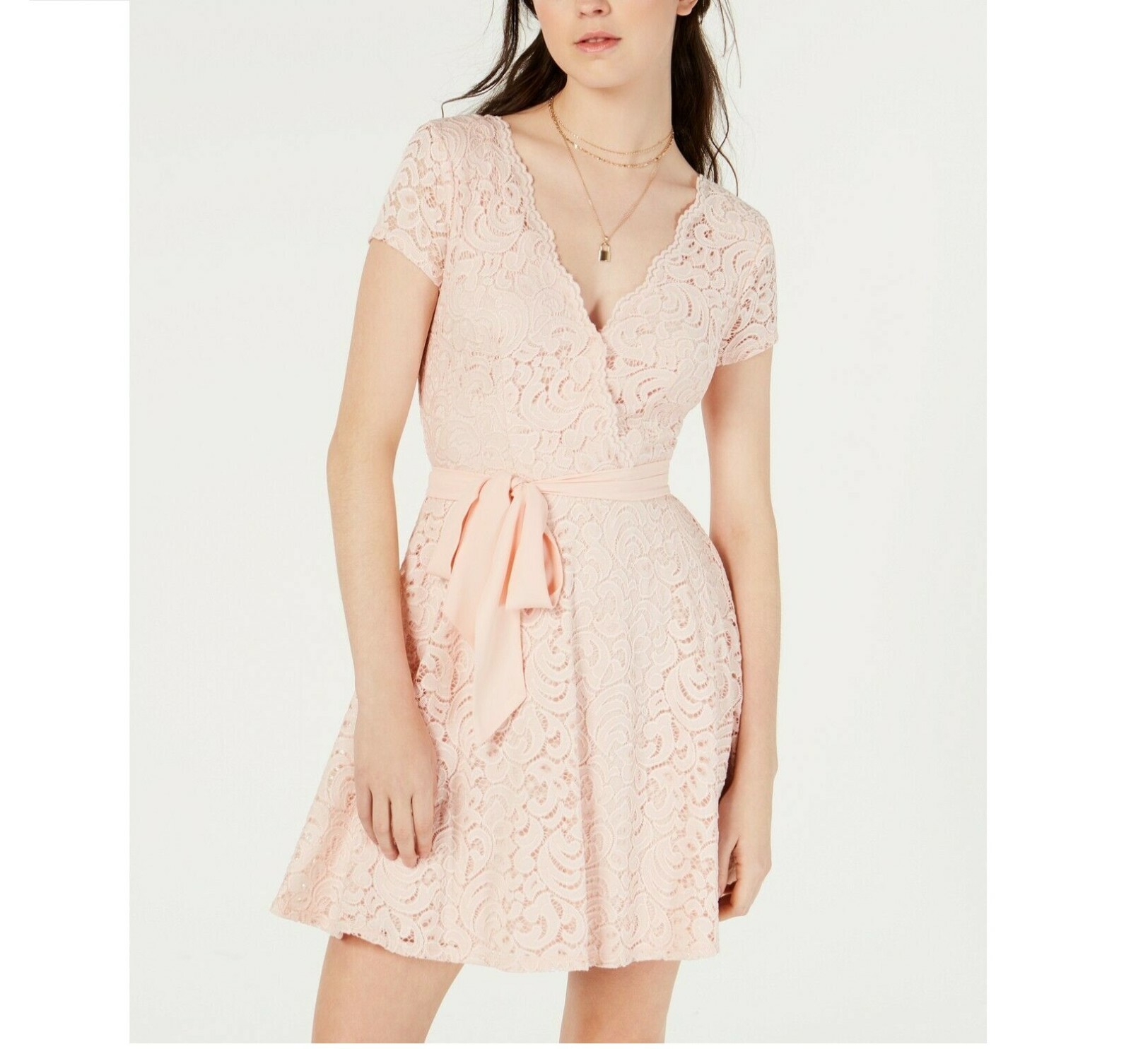 B Darlin Junior Womens 3/4 Blush Pink Belted Allover Lace Lined Wrap Dress NWT