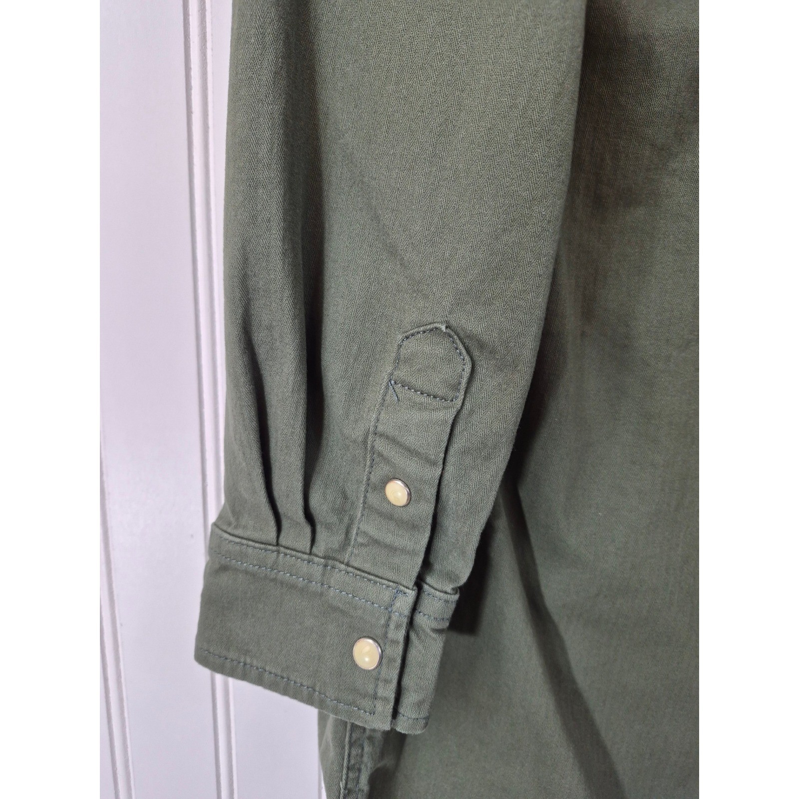 Lee Olive Green Western Pearl Snap Front Utility Shirt Dress Long Sleeve Large