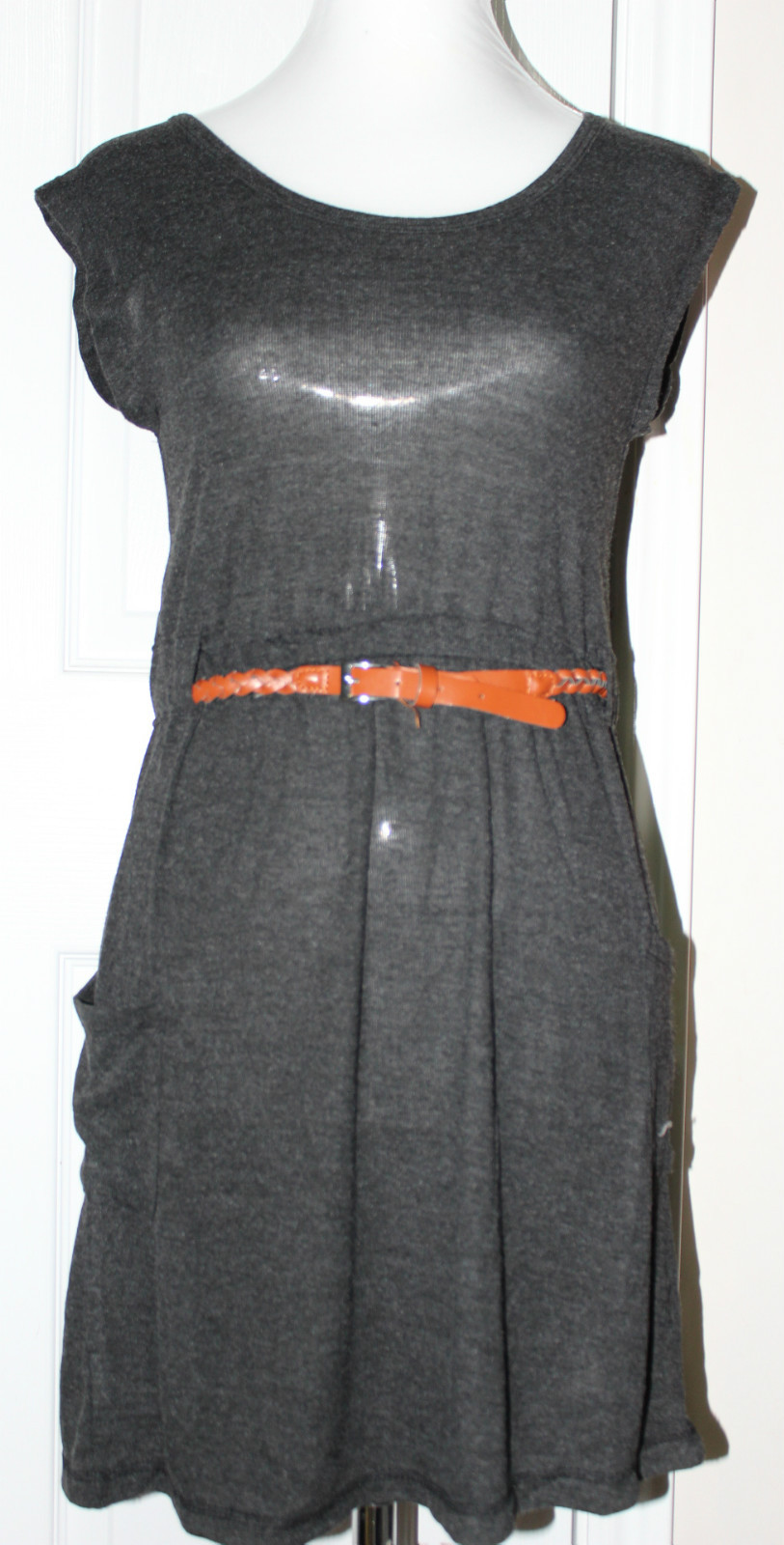Poof Women’s Belted Side Pockets Stretchy Sweater Dress Charcoal Large
