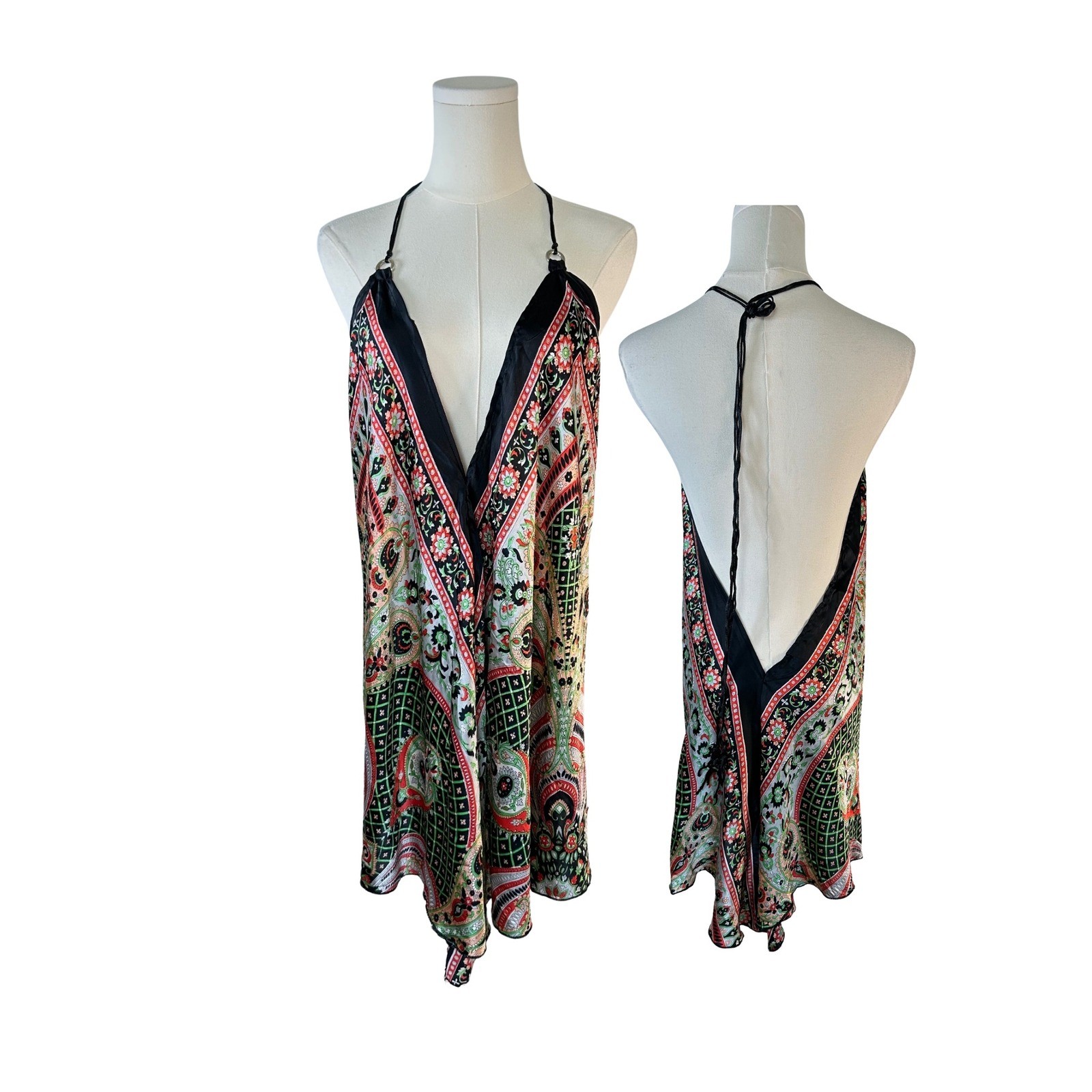 Y2K Backless Scarf Halter Dress Women Boho Paisley Fairy Indie Sleaze Festival