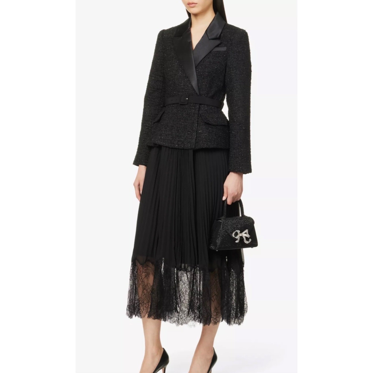 Self Portrait Black Tinsel Boucle Midi Dress with Belt Size 4 NWT $660