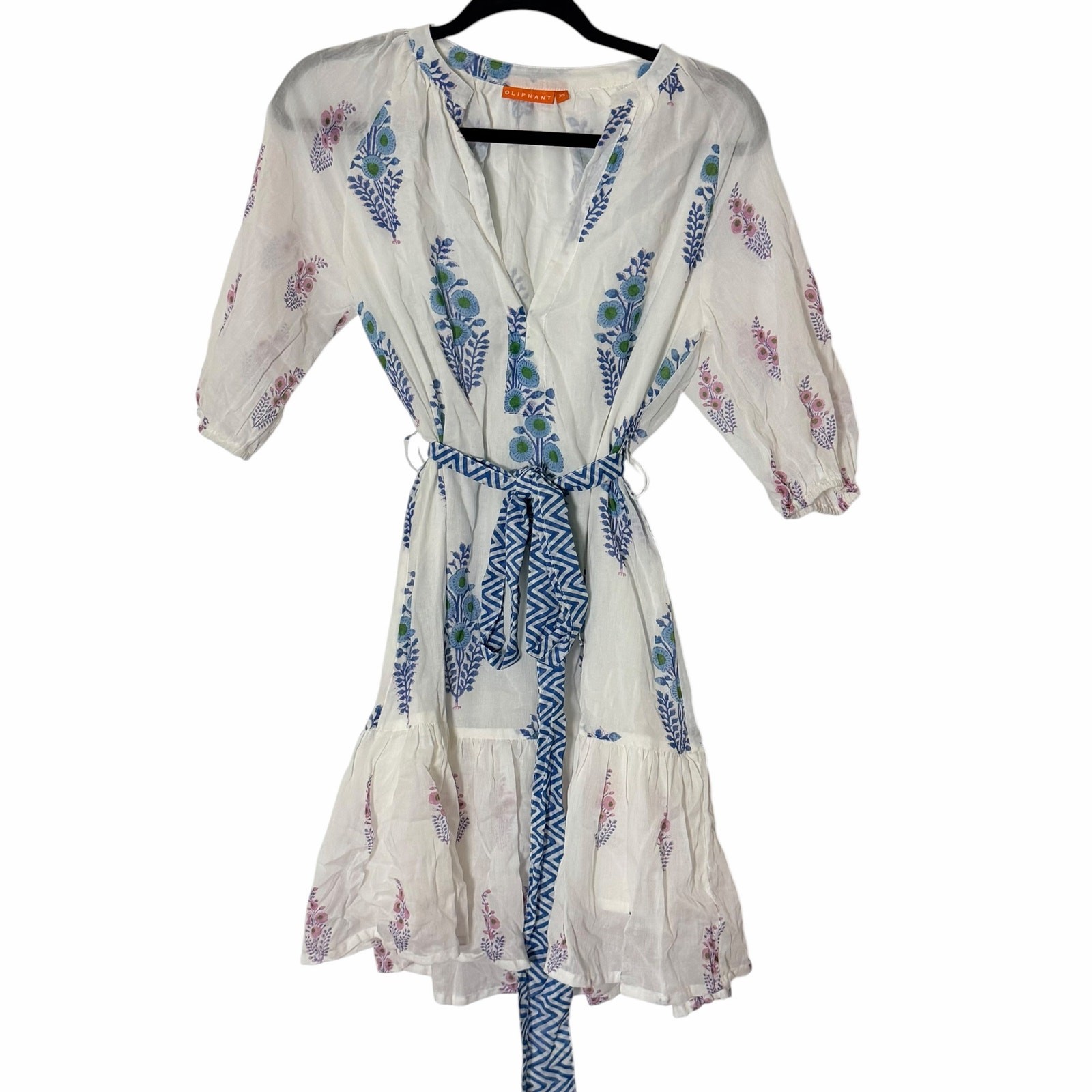 OLIPHANT Tuckernuck Balloon Sleeve Short Cotton Blue Block Print Dress