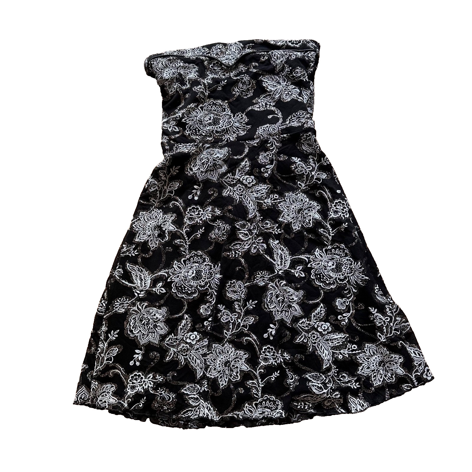 JANE NORMAN Black White Floral Strapless Party Dress Silver Glitter Y2K Size 12