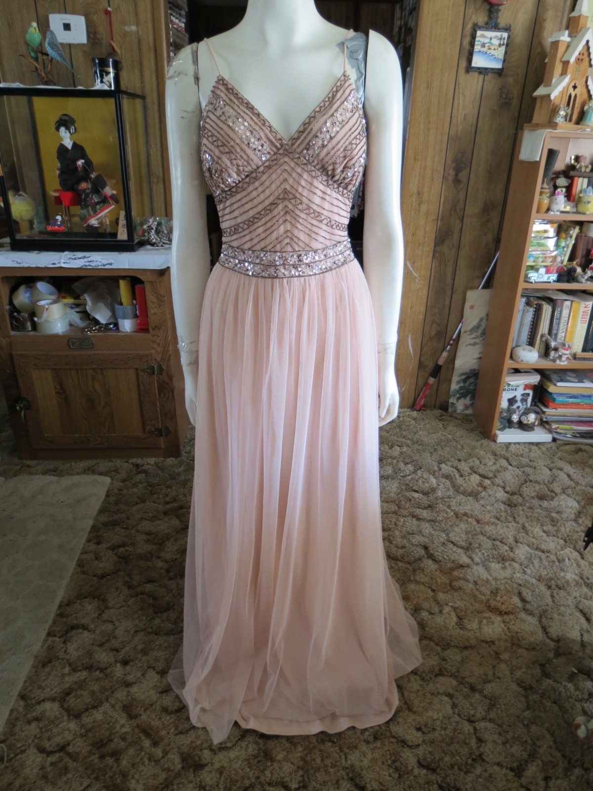 NEW, BEAUTIFUL & ELEGANT MARINA BLUSH WT AMBER BEADS & SILVER SEQUINS GOWN SZ 8