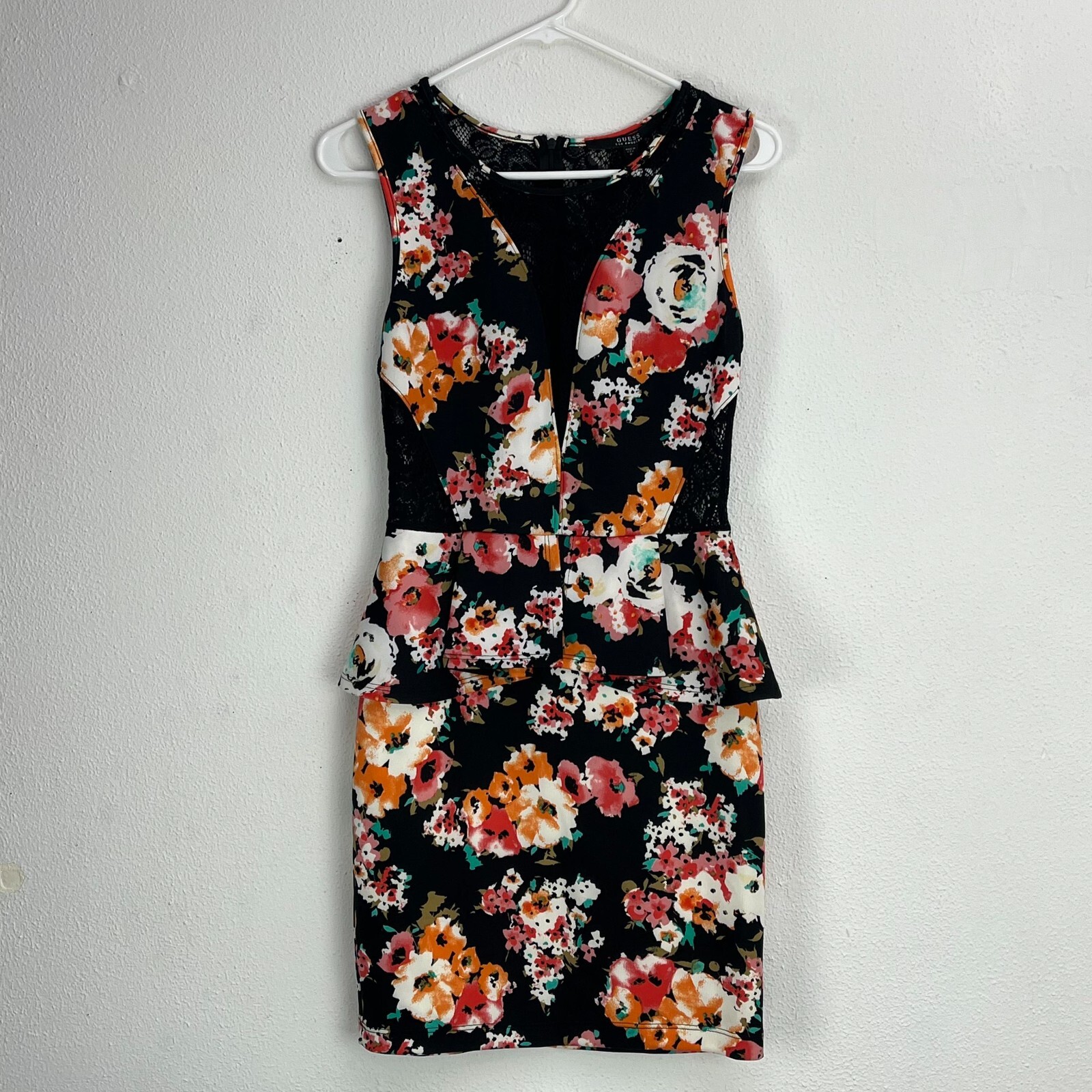 Guess Lace Back Floral Print Sleeveless Mini Peplum Dress Medium Stretch New
