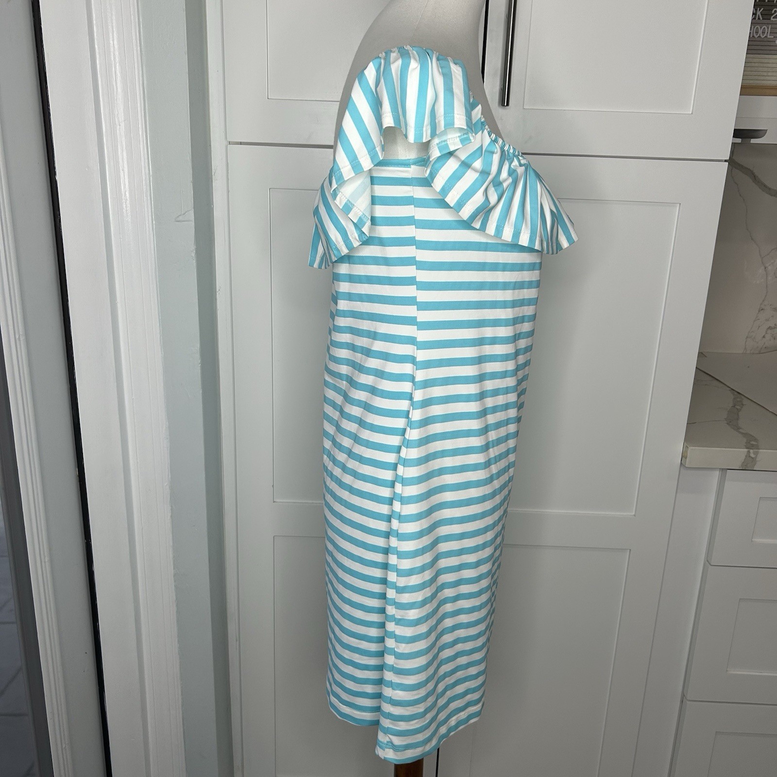 Sailor-Sailor Shoreline Striped Blue Dress Size XL Off the Shoulder Stretch