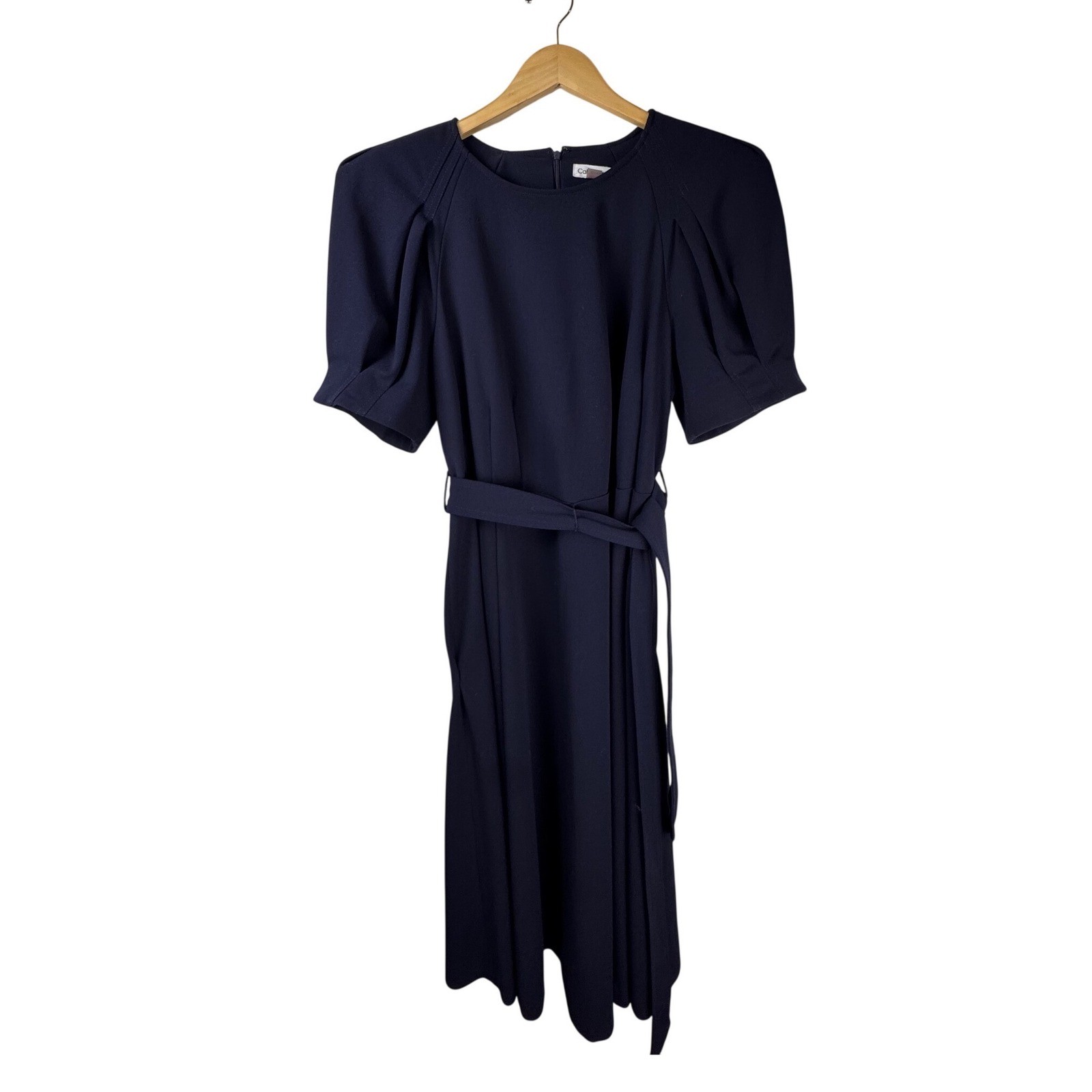 Calvin Klein Navy Puff Sleeve Belt Tie Waist Midi Dress Size 14W Altered Hem