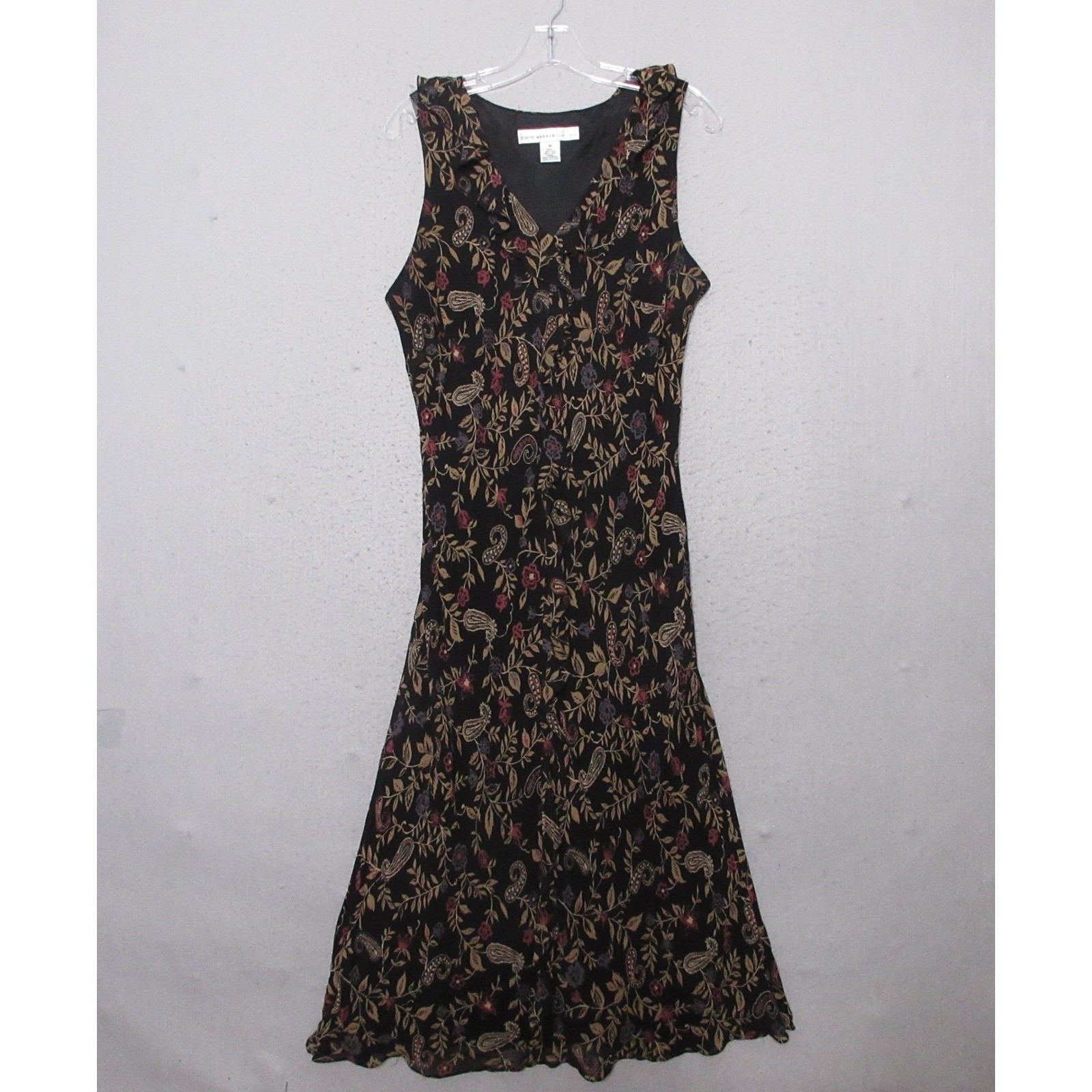 Vintage David Warren Dress 16 Silk Linen Dark Floral Ruffle Boho Cottage 90s Y2K