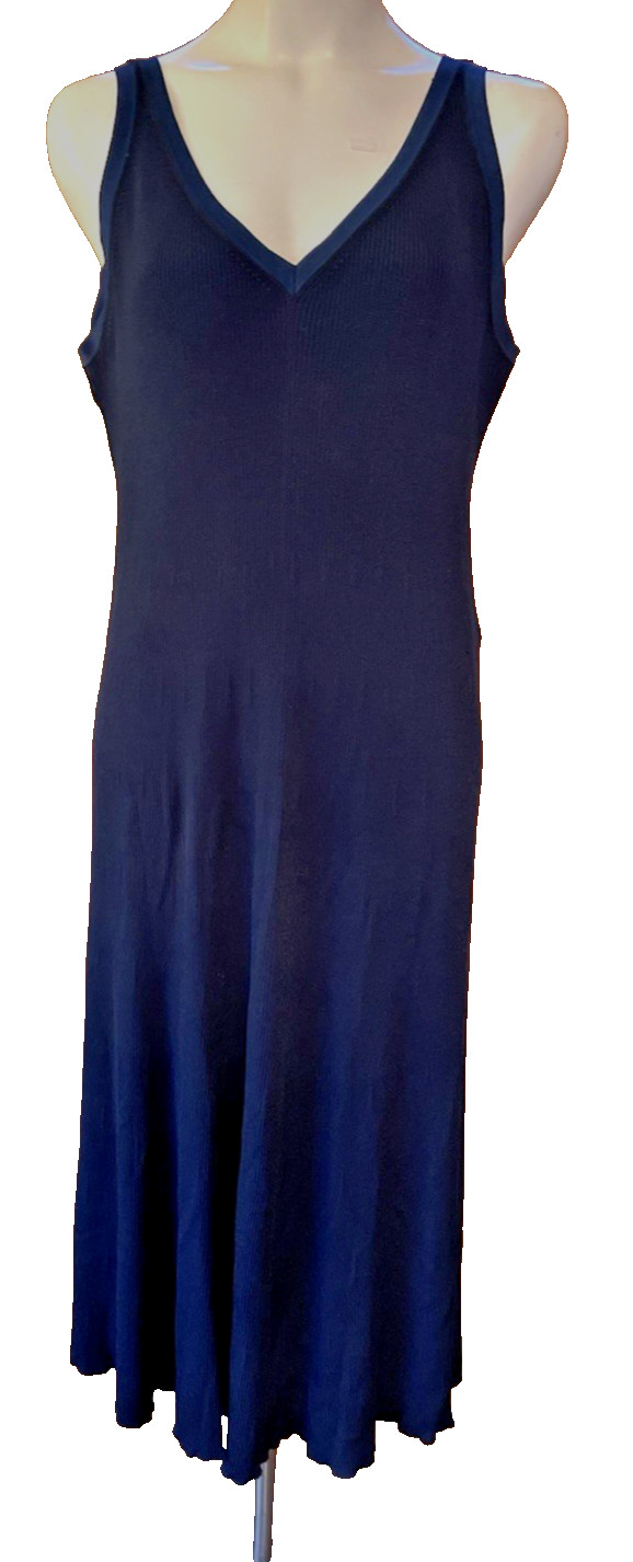 Fab BODEN Dress 16, 18 R STRETCH VISCOS RIB Navy Blue Trim V Neck Sleeveless 47”
