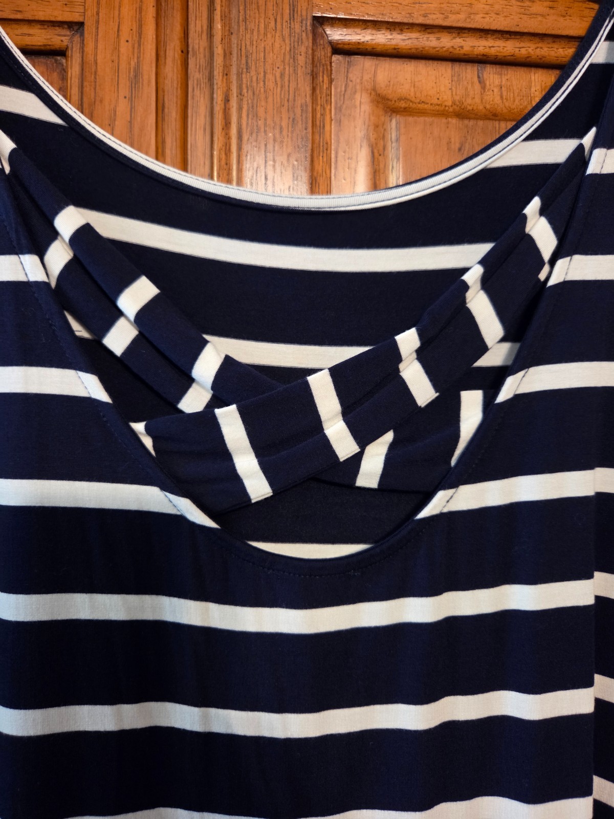 Yelete Navy & White striped t-shirt Dress w/ Pockets Criss cross straped back Lg