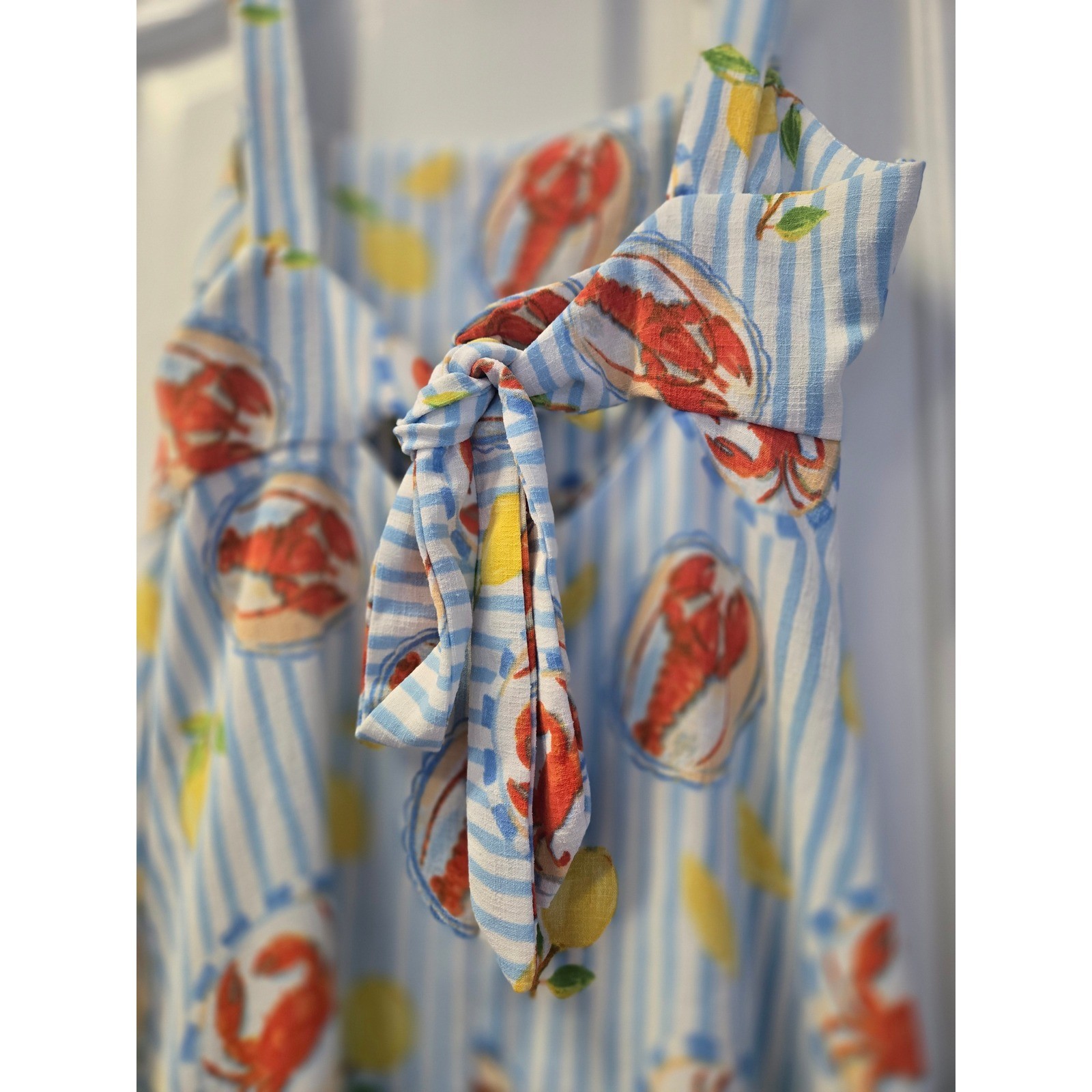 Blue White Stripe Lobster Crab Lemon Tie Back Sundress Coastal Resortwear Small