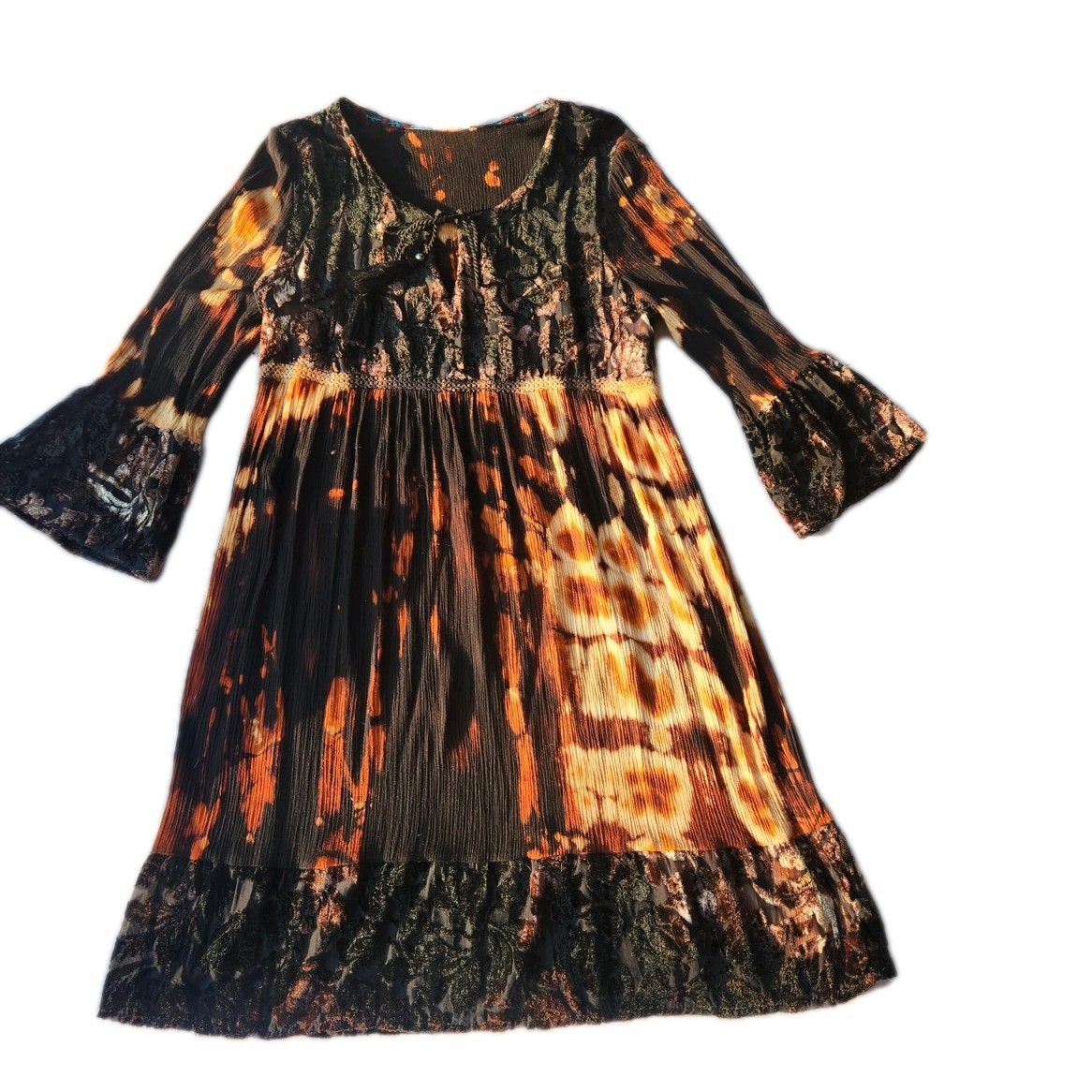 Women’s Midi Dress M Rayon Devore Ruffle Hem V-Neck Tie Boho Fall Black/Orange