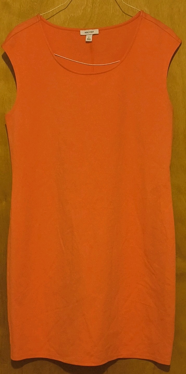 Nine West Orange Solid Knit Scoop Neck Cap Sleeve Shift Knee Dress Pullover L