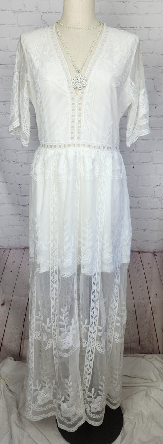 Boho Dress Romantic Sheer Lace Lined Side Slits Wedding Hippie Coquette Size S