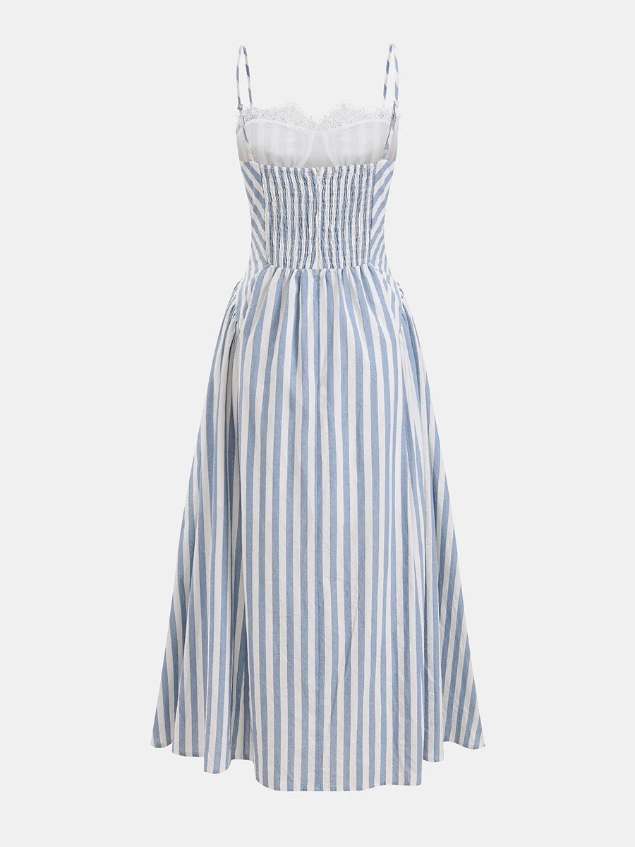 Commense Lace Trim Striped Cotton Cami Maxi Dress Size M $59