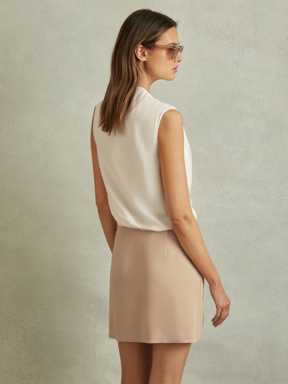 REISS Vie Wrap-Front Shift Dress in Nude/Ivory UK Size 12