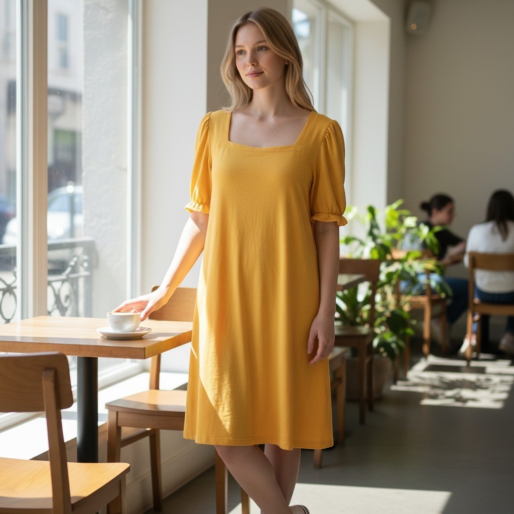 Yellow Square Neck Puff Sleeve Shift Dress Athletic Leisure Casual XL