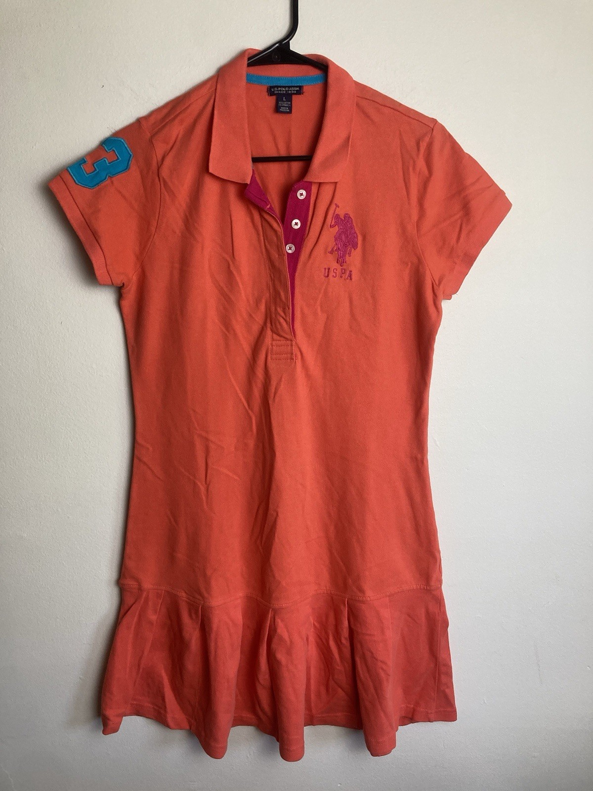 U.S. Polo Assn Y2K Big Pony T-shirt Dress Size Large Short Pleated Orange Pink