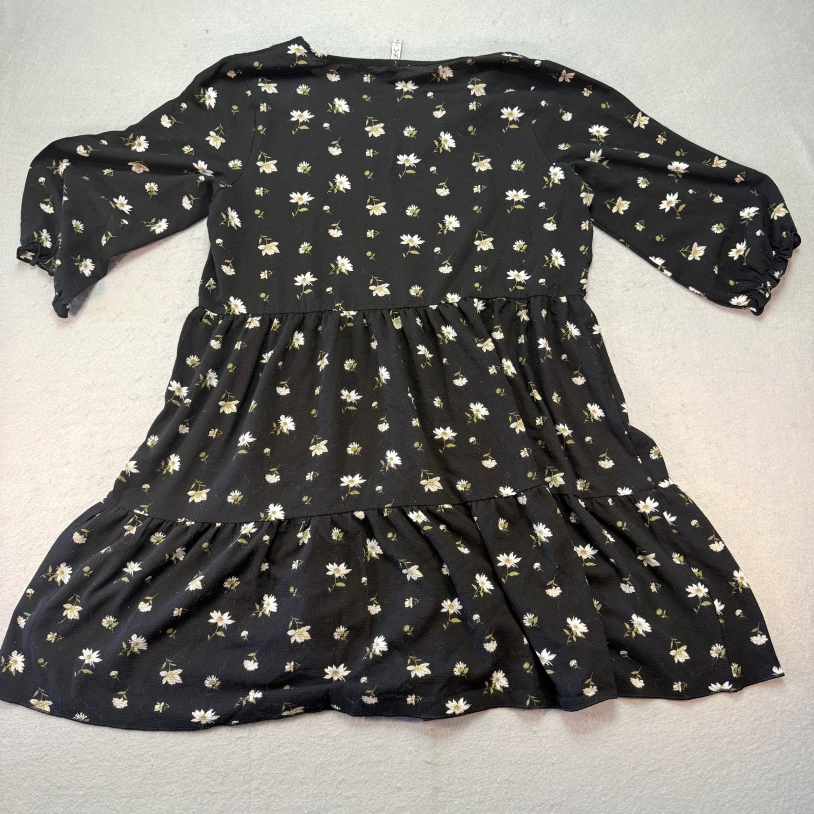 RnB Collection Plus Size Black Floral Tiered Mini Dress 3/4 Sleeve V-Neck 1X