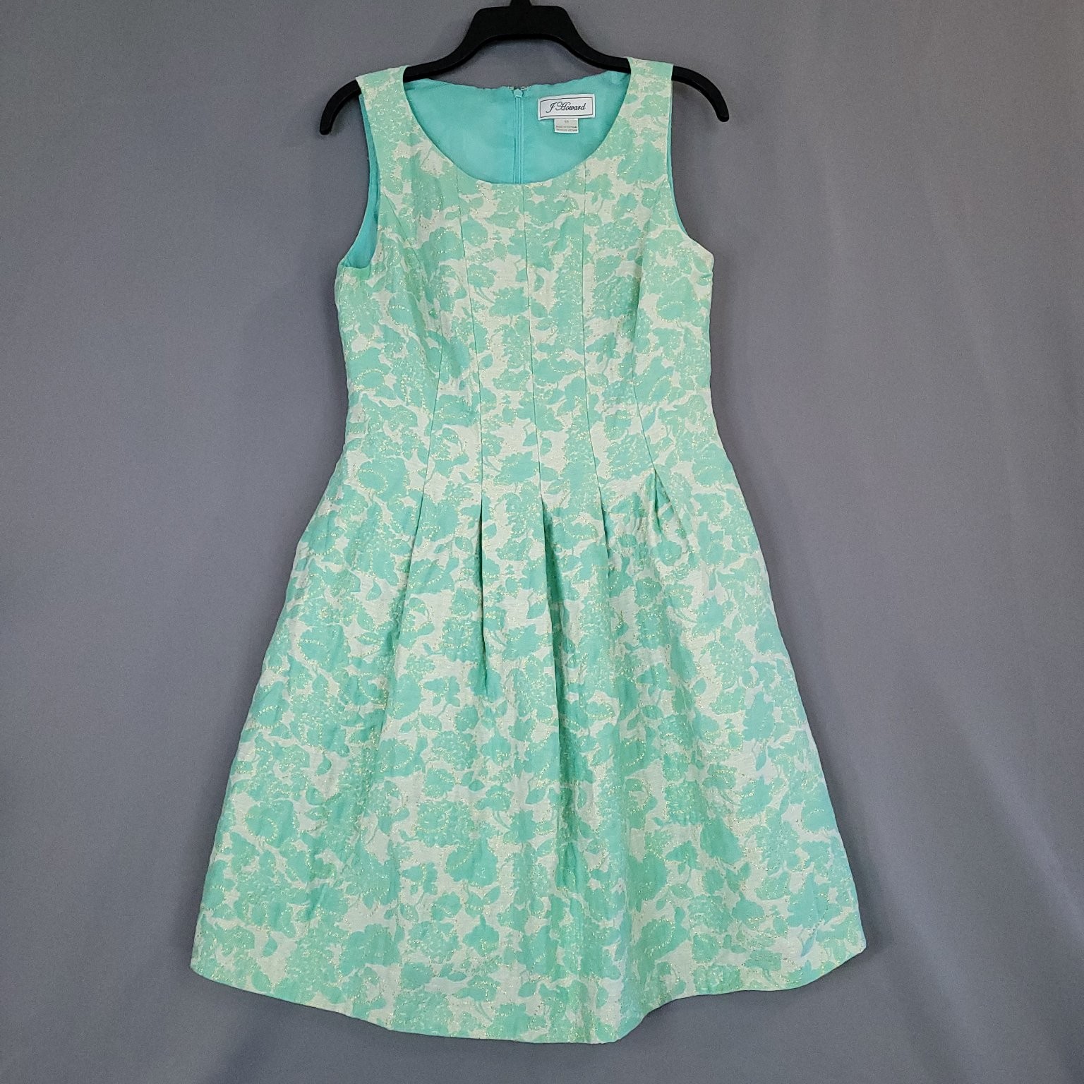 J Howard Dress Women’s Mint Green Size 10 Floral Jacquard Metallic Pleated