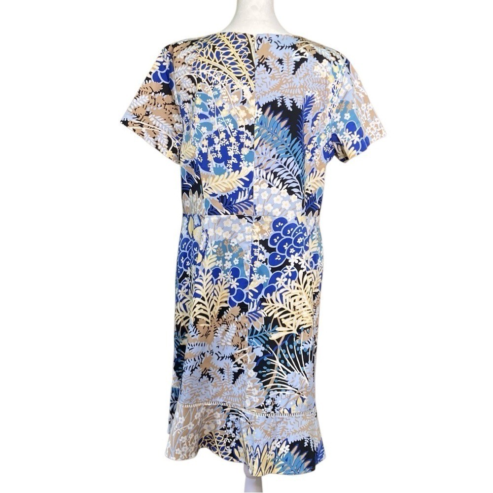 Talbots Botanical Garden Cotton Shift Dress Tan Blue Flounce Hem (Size 16P)