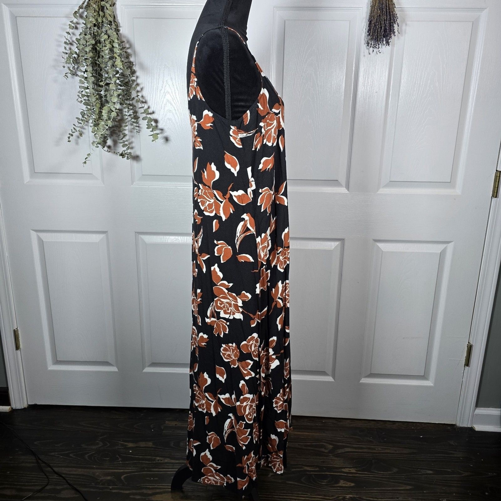 MSK Black Cami Dress Brown And White Flowers Medium Maxi