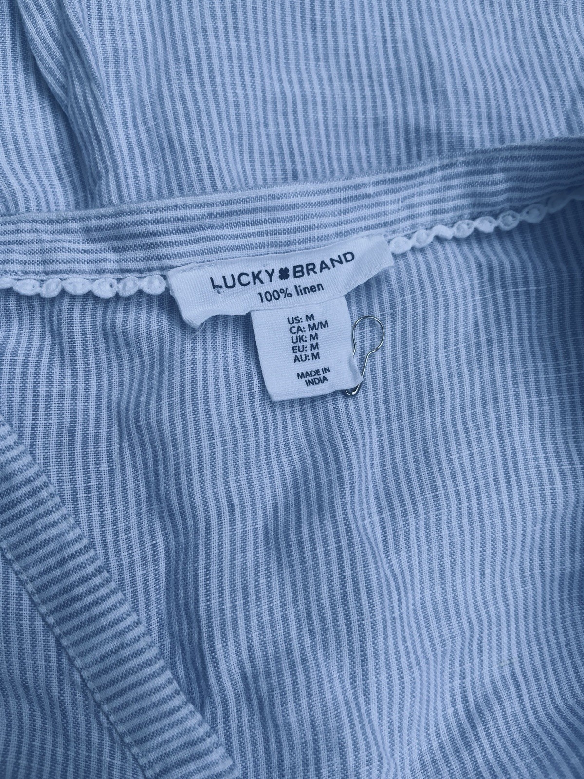 Lucky Brand 100% Linen Blue Pin Striped Coastal Tiered Scandinavian Dress Sz M