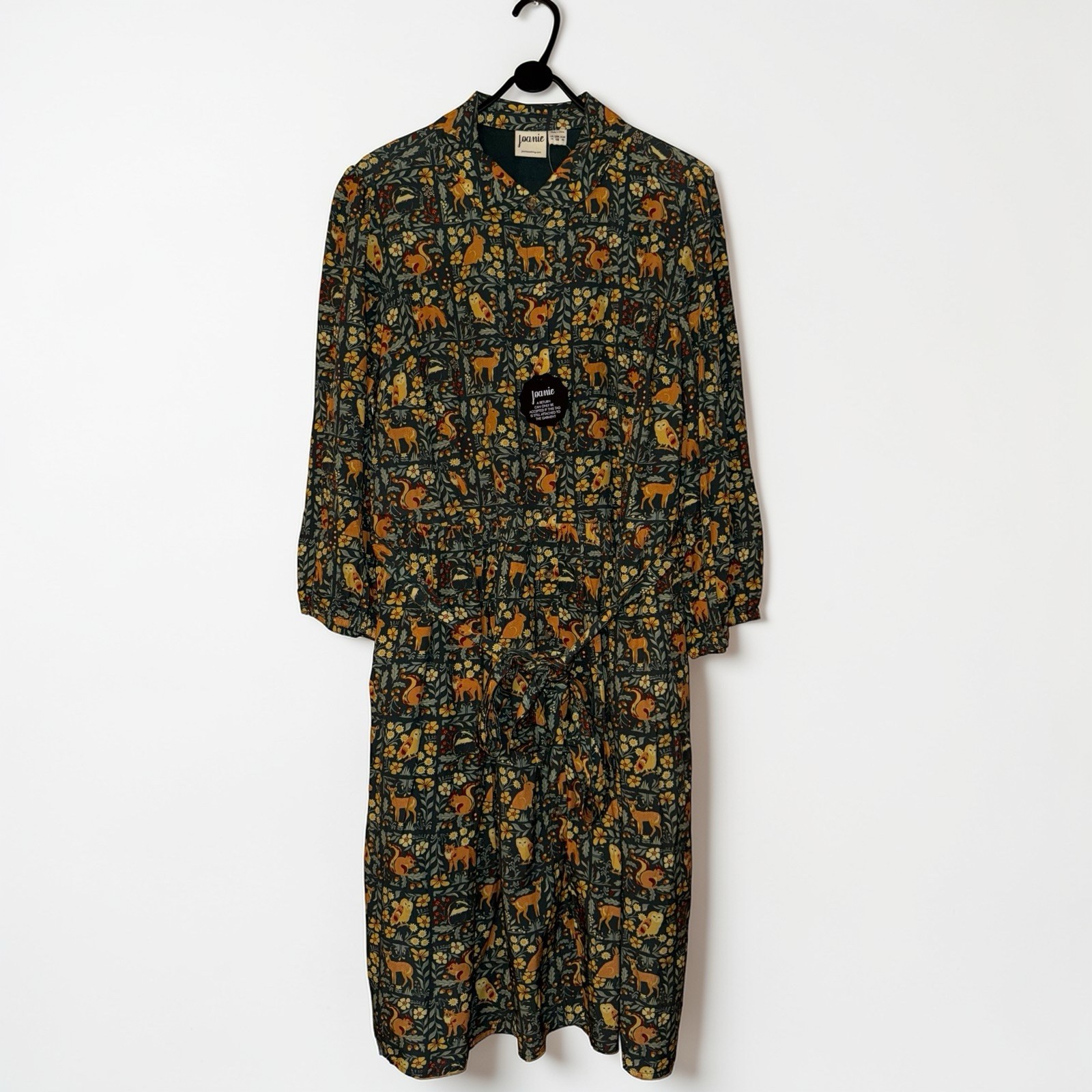 Joanie Shirt Dress Womens UK 18 Green Andi Woodland Tile Deer Print Knee Length