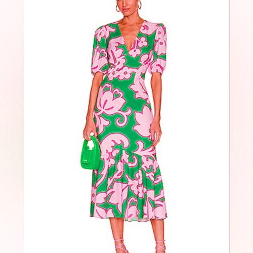 Rhode Ester Pink Green Floral V-Neck Midi Puff Sleeve Midi Dress Size 2 $585