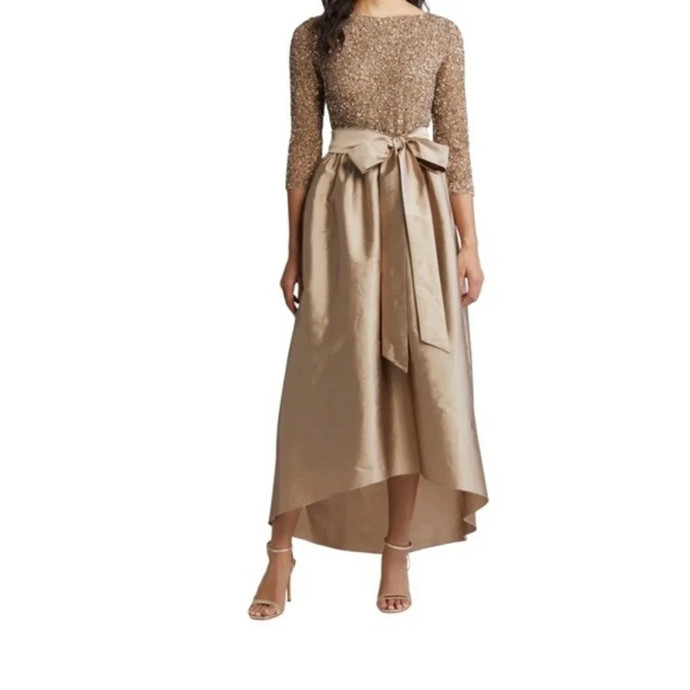 Pisarro Nights Size 12 NWT Light Mocha Gold Sequin & Taffeta Formal Gown