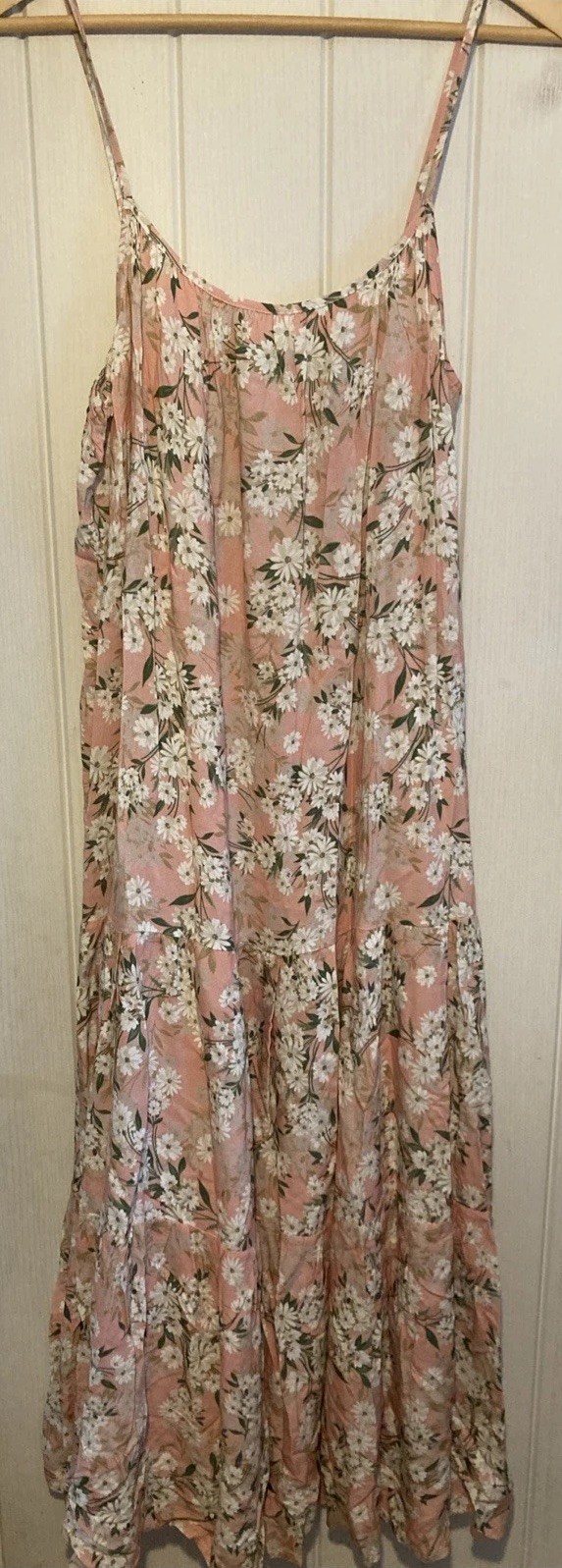 Oasis Baby Pink Long Midi Dress White Floral Pattern Tiered Skirt Design Size 14