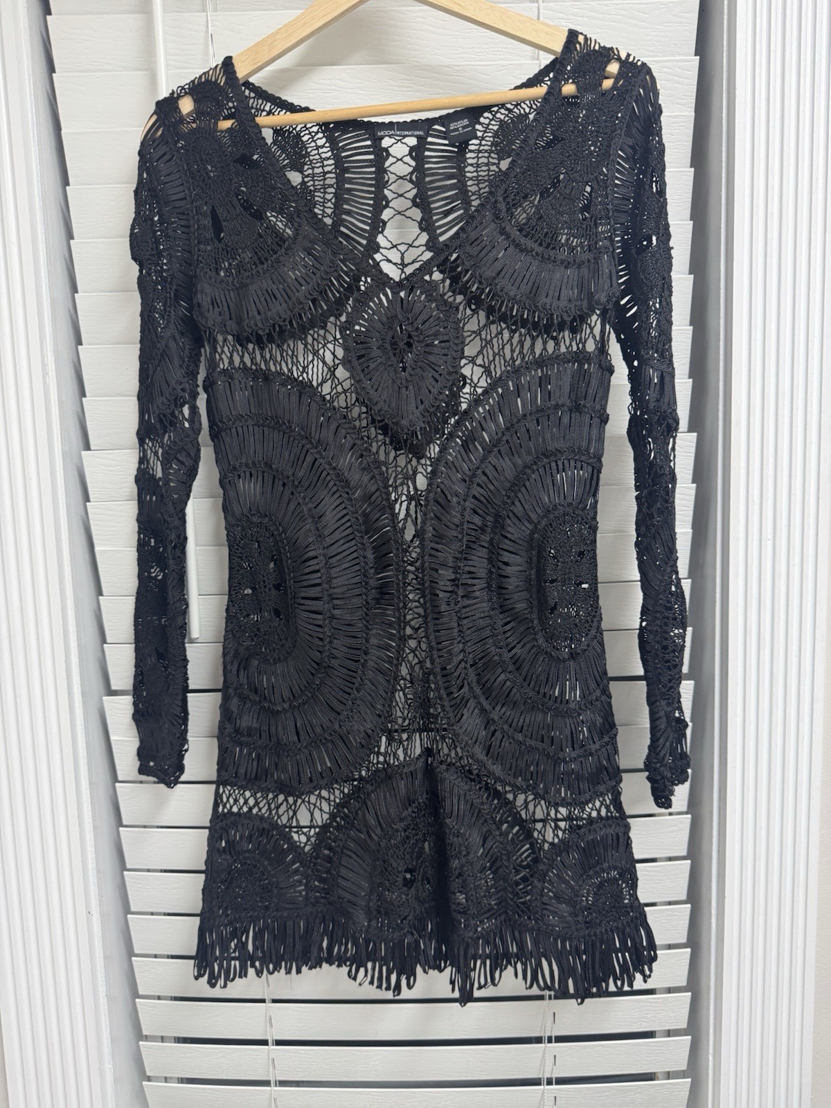 Moda International Black Crochet Mesh Mini Dress Small Boho Hippie Swim Cover Up