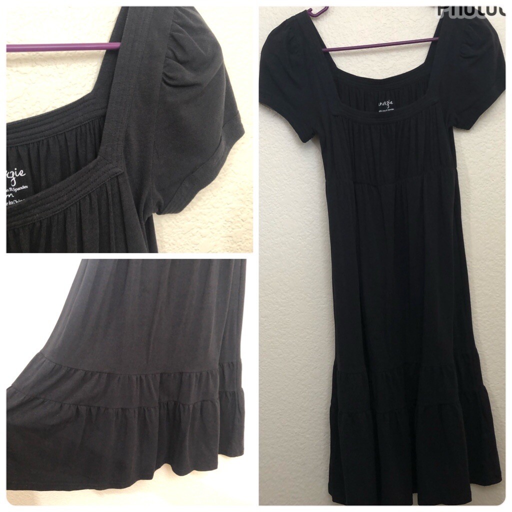 ENERGIE Women Juniors Medium Peasant Tiered Dress Black Knee-length Short Sleeve