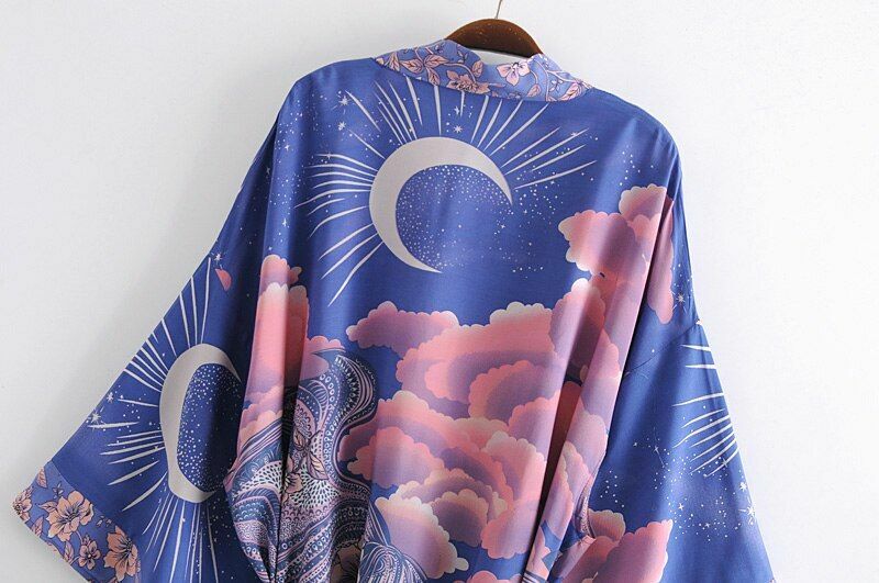 Pink Purple Floral Moon Sky Cloud Print Boho Short Kimono Batwing Sleeve Robe