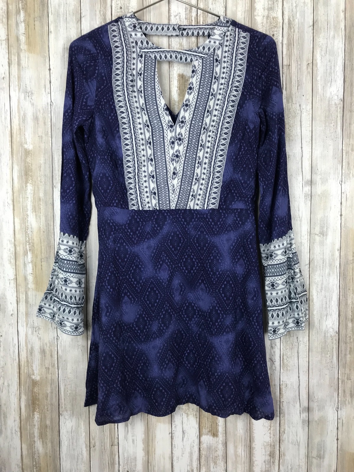$66 Vintage Havana Keyhole Blue White Bell Sleeve Boho Print Dress S Small NWT