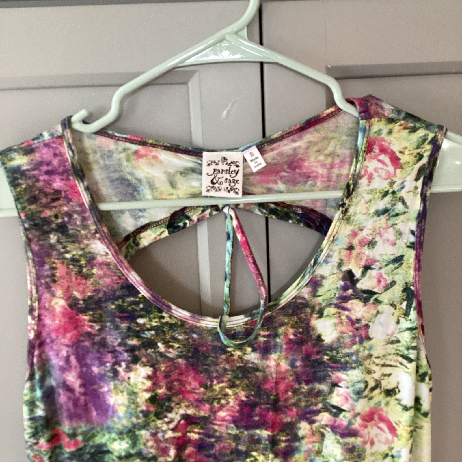 Parsley & Sage Rayon Blend Watercolor SleevelessTie Back Cut out Dress S