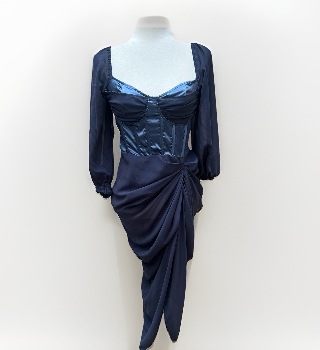 Pretty Little Thing Blue Satin Corset Chiffon Mesh Draped Bodycon Midi Dress 8 M