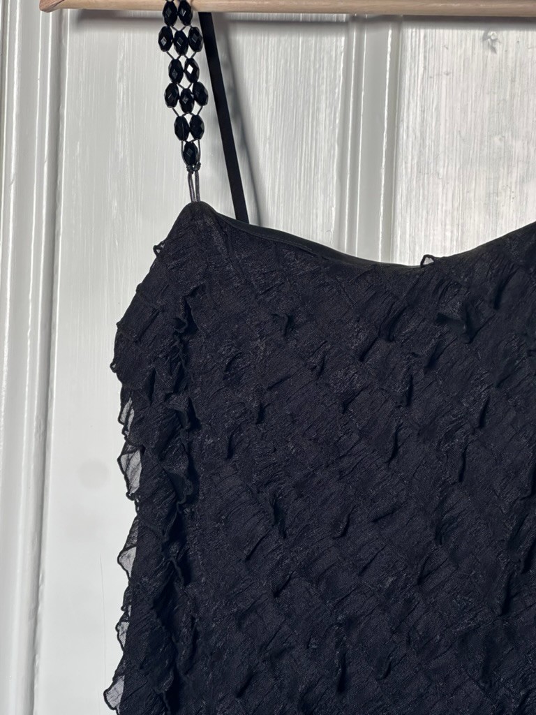 Georgiou Studio Black Beaded Strap and Diagonal Ruffle Mini Going Out Dress S-M