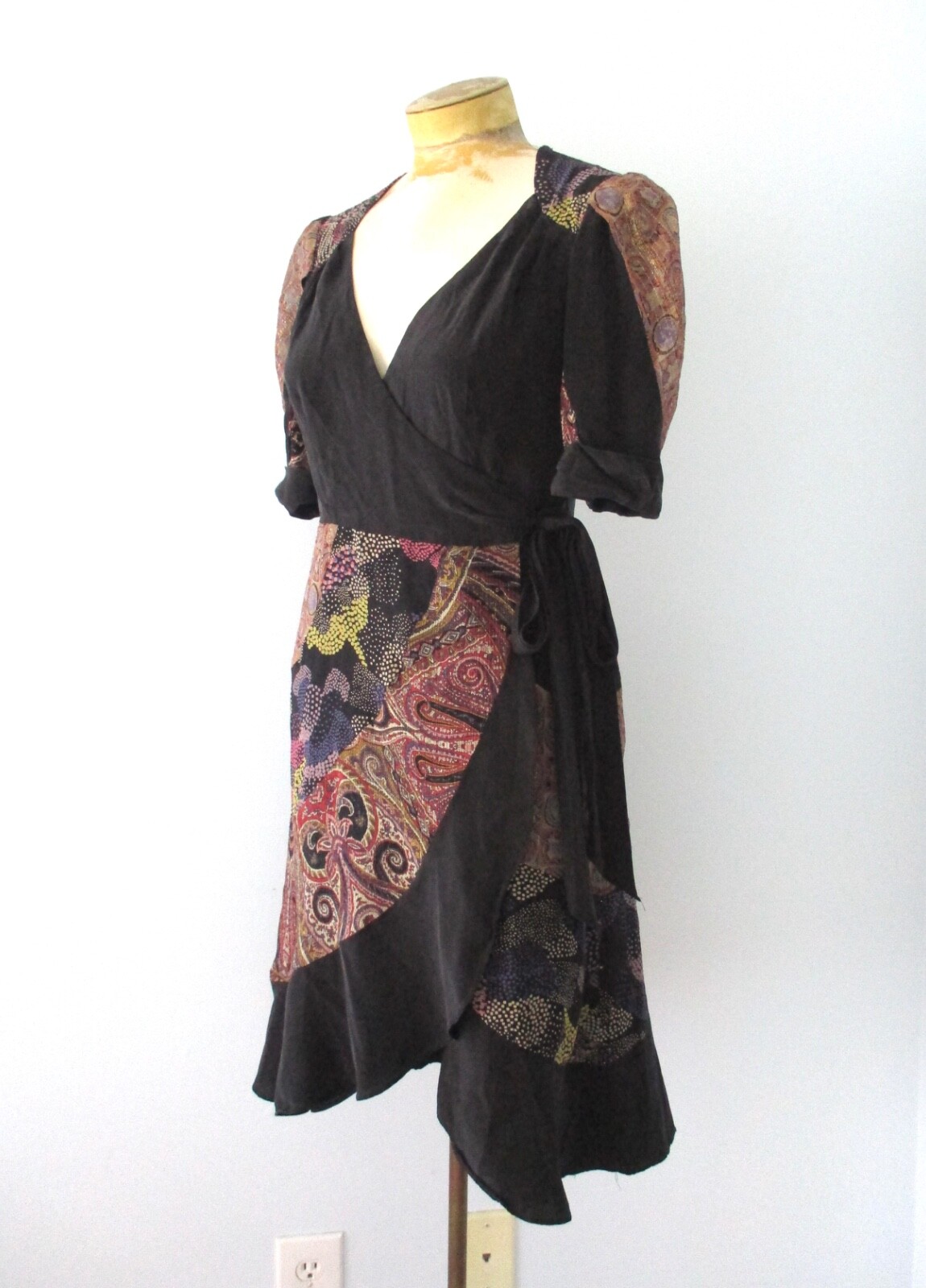 Nanette Lepore Black Pink Sparkly Gold Paisley True Wrap Boho Dress Sheer Back 4