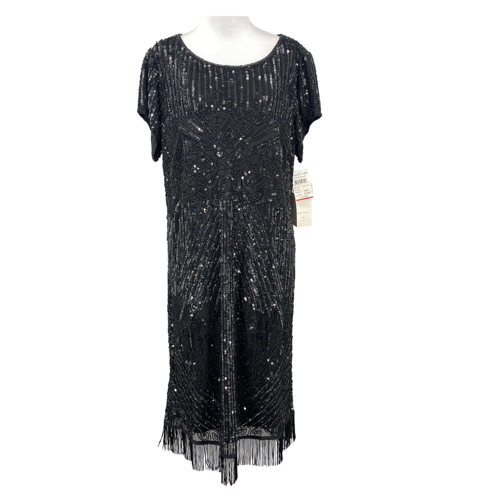 Vtg Pisarro Nights Black Beaded Sequin Fringe Flapper Dress 18W Gatsby Art Deco