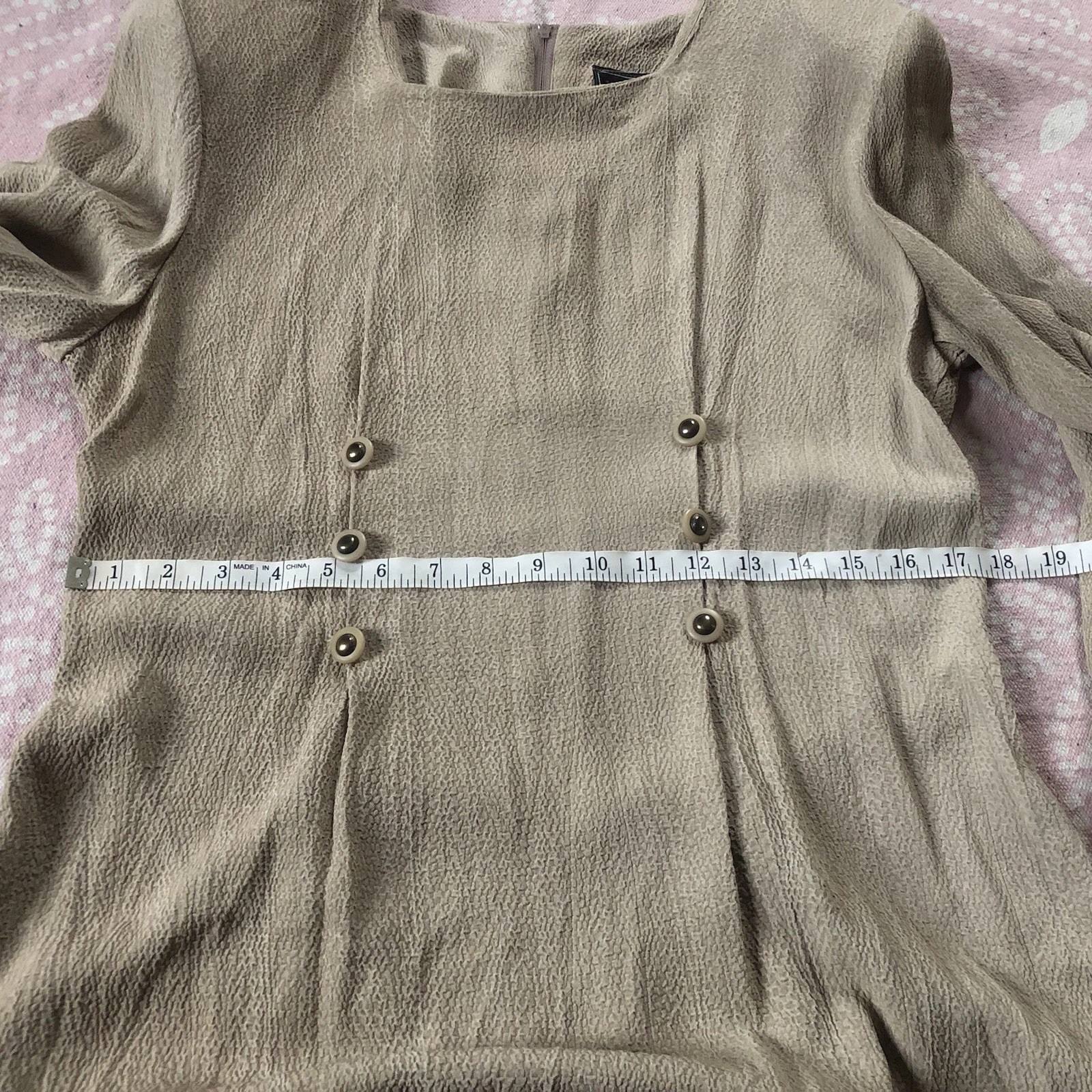 Vtg Impulsive Sand Beige Crepe Long Slv Dress Buttons Shoulder Pads Lux Coastal