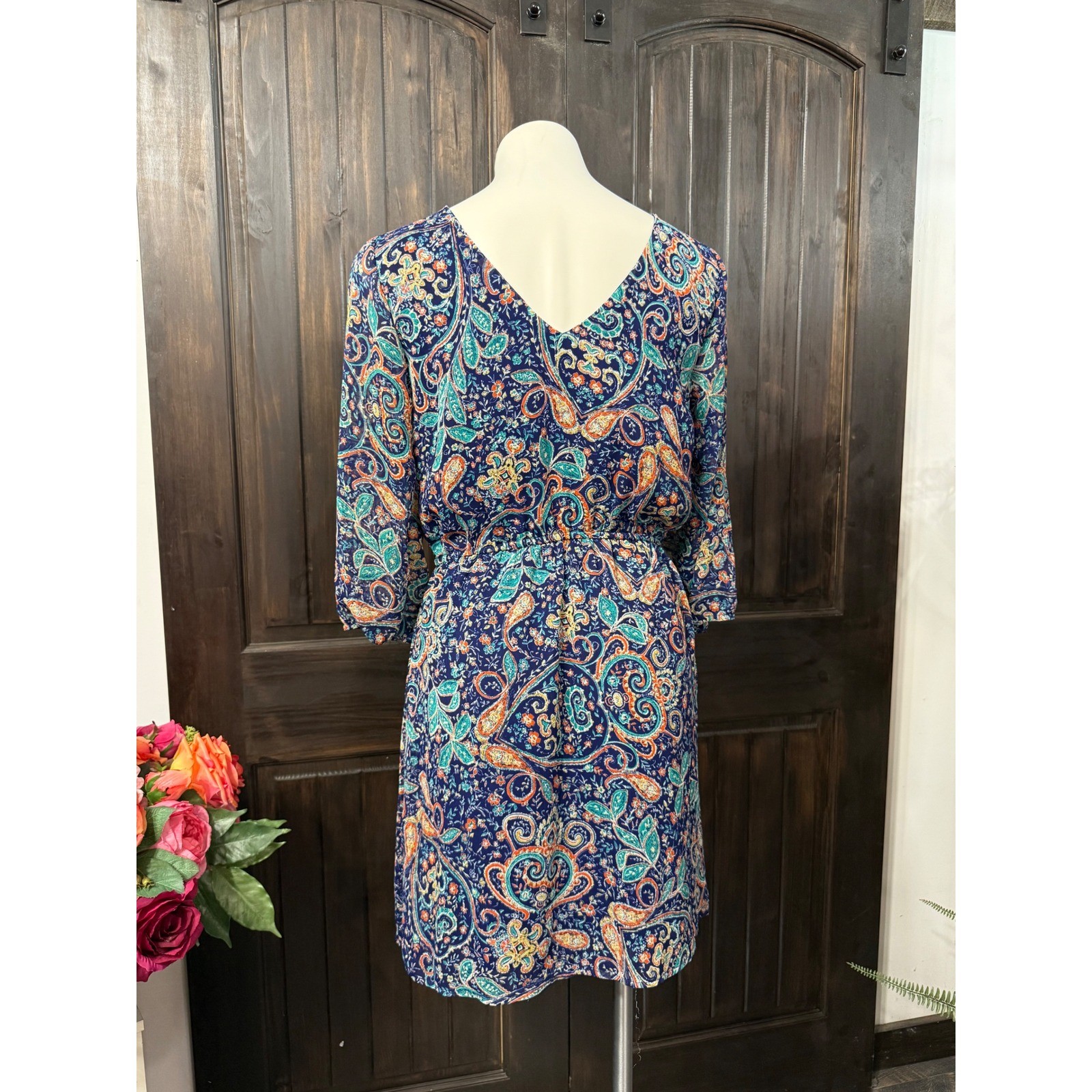 BeBop Womens Blue Paisley Print V-Neck 3/4 Sleeve Elastic Waist Mini Dress Large