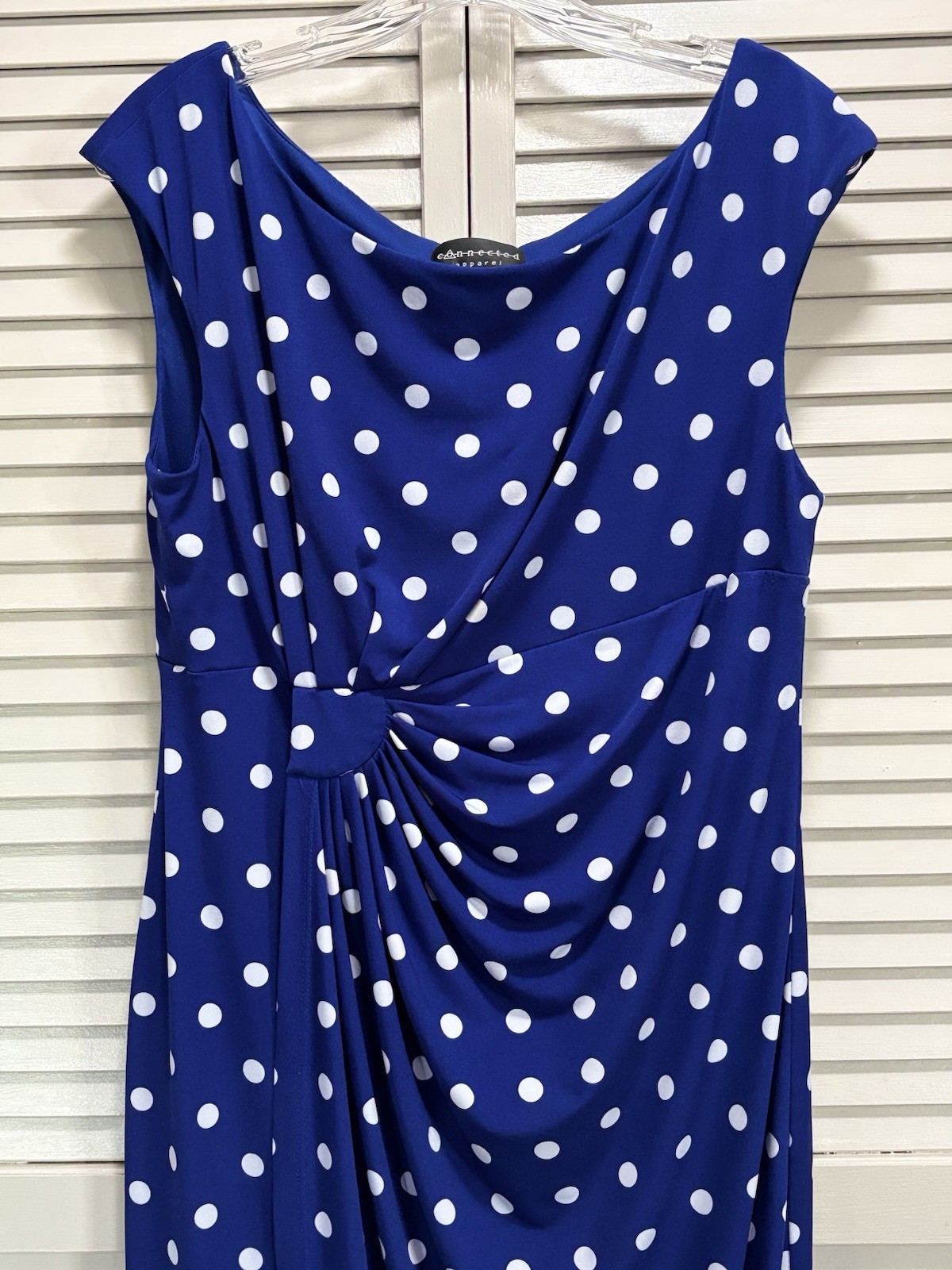 Connected Blue/White Polka Dot Midi Dress Size 14 Straps Gathered Wrap Skirt